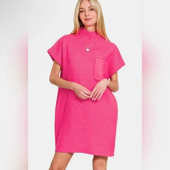Vibrant Hot Pink Knit Dress by Zenana cotton BNIP - Picture 3 of 6